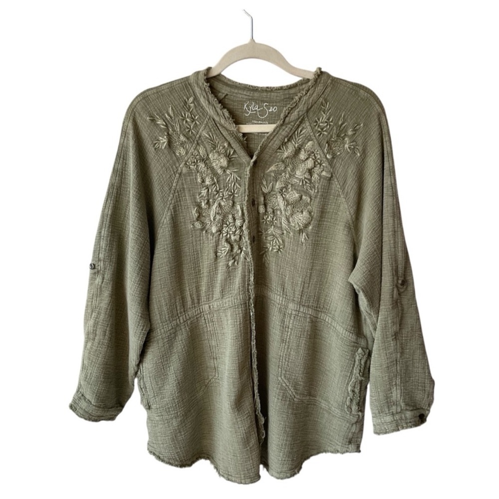 Kyla Seo Deb Button Down Boho Tunic Top in Vintage Army Green Size S